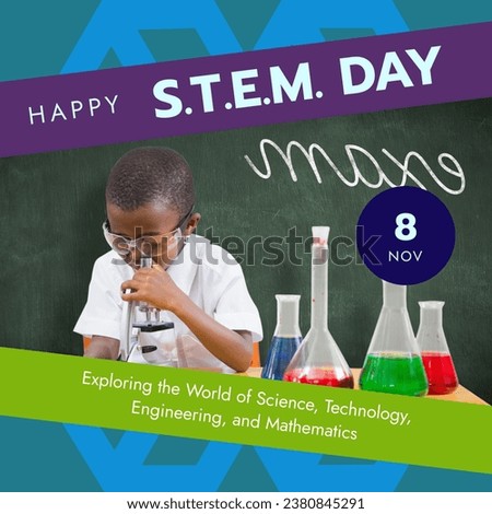 Composite of happy stem day, 8 nov, african american schoolboy using microscope in laboratory. Exploring the world of science, technology, engineering and mathematics, education, celebrate, research.