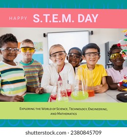 Composite of happy stem day text and diverse schoolchildren wearing protective eyewear in laboratory. Exploring the world of science, technology, engineering and mathematics, education, childhood. - Powered by Shutterstock