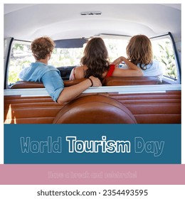 Composite of have a break and celebrate world tourism day text over diverse friends in camper van. World tourism day, travel and vacation concept digitally generated image. - Powered by Shutterstock