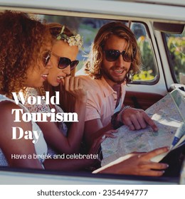 Composite of have a break and celebrate world tourism day text over diverse friends in camper van. World tourism day, travel and vacation concept digitally generated image. - Powered by Shutterstock