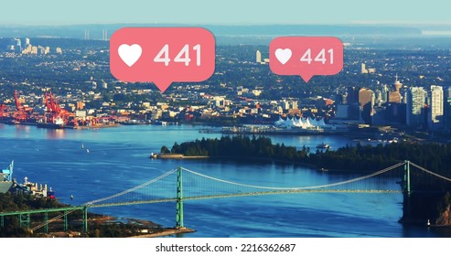 Composite of heart shapes and 441 number in speech bubbles over aerial view of cityscape. Counting, likes, social media, notifications, communication, skyscrapers and technology concept. - Powered by Shutterstock