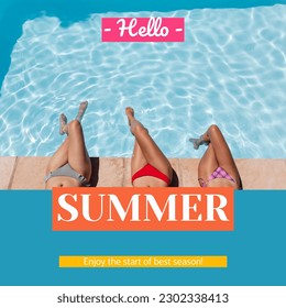 Composite of hello summer text and low section of biracial friends in bikini sitting at poolside. Copy space, leg, togetherness, enjoy the start of best season, pool party, enjoyment and holiday. - Powered by Shutterstock