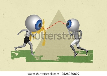 Composite horizontal panorama of young guy sportsman run competition line connection head 3d huge eyeball vision see scrutiny control