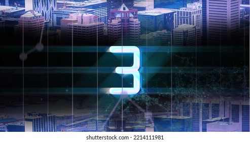 Composite of illuminated 3 number with grid pattern forming map against aerial view of cityscape. Multiple exposure, skyscrapers, glowing, countdown, digits and technology concept. - Powered by Shutterstock