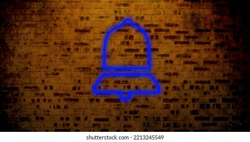 Composite of illuminated digital notification bell icon against abandoned brick wall, copy space. Social media, blue, information, reminder, symbol and technology concept. - Powered by Shutterstock