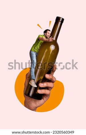 Composite illustration collage of good mood guy adventures have fun glass bottle wine cabernet entertainment isolated on beige background