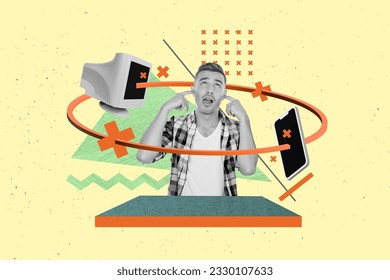 Composite illustration collage of young man ignore fingers ears bla blah stupid computer phone no connection isolated on green background - Shutterstock ID 2330107633