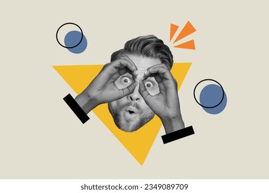 Composite illustration photo collage of funny impressed man hold arms on eyes staring at sale isolated on creative drawing background