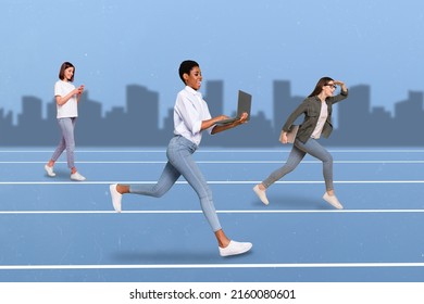 Composite illustration of running business people contest vs each other isolated on city silhouette