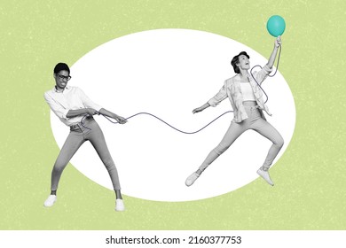 Composite Illustration Of Two Different People Black White Colors Fight Balloon Isolated On Drawing Background