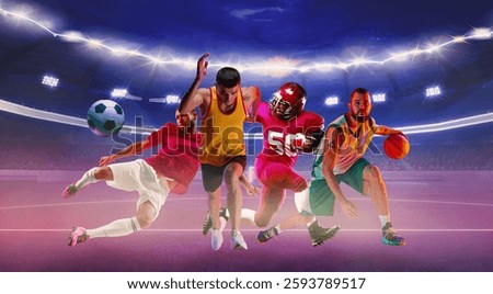 Composite image. Active athletes from various sports engage in thrilling games on illuminated by purple light lush court. Concept of sport, competition, action, motion, excitement.