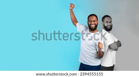Composite image of african american man expressing contrasting emotions, black young male feeling happy and sad, demonstrating complex human feelings, suffering mood swings, creative collage