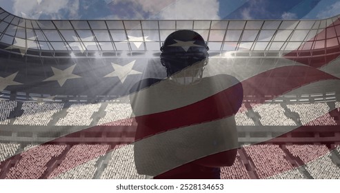 Composite image of american flag over male rugby player against sports stadium. american sports tournament concept - Powered by Shutterstock