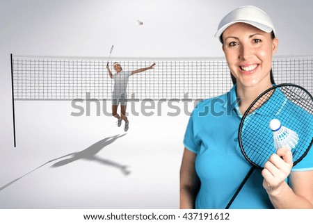 Composite image of badminton players playing and posing against white background