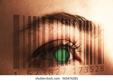 Composite image of Bar code against beautiful woman looking away
