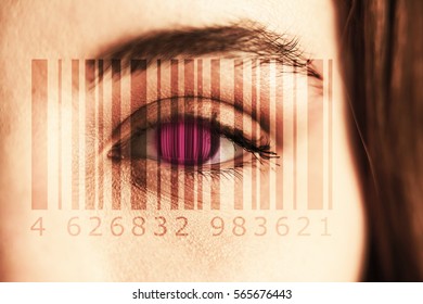 Composite image of Bar code against portrait of woman with gray eye