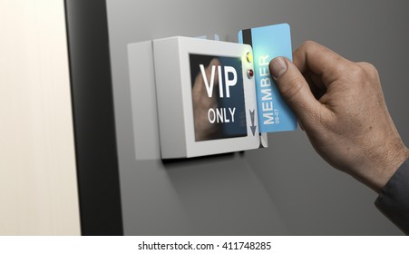 Composite Image Between Photography And 3D Background. Hand With Blue Card Key Unlocking Access To VIP Area. Concept Of Customers Exclusive Privileges.