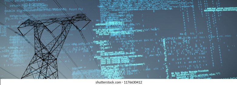 Composite image of binary codes against the evening electricity pylon silhouette