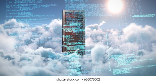 Composite image of binary codes against idyllic view of bright sun over clouds during sunny day