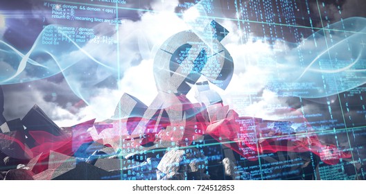 Composite image of blue wave against 3d composite image of dollar sign with rocks and computer language - Powered by Shutterstock - Get 15% off with code: PIKWIZARD15