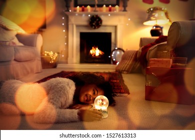 Composite image of brown parquet against girl at home at christmas time - Powered by Shutterstock