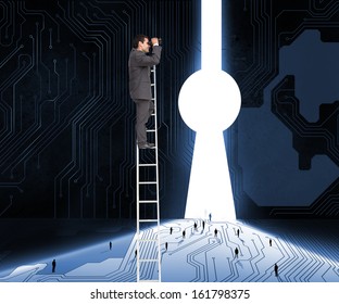 Composite image of businessman standing on ladder using binoculars against white background - Powered by Shutterstock