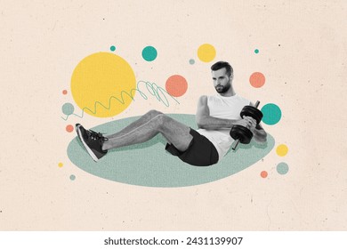 Composite image collage 3d sketch artwork of young athlete do exercises abdominal muscles dumbbell load weight twisting efforts isolated on painted background