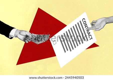 Composite image collage of hands exchange important contract bribe cash payment paper deal agreement sign isolated on colorful background