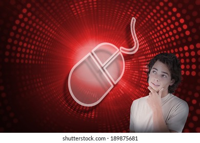 Composite image of computer mouse and casual thinking man against red pixel spiral