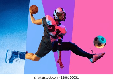 Composite image of cropped photo of different kinds of male sport soccer, basketball, hockey, american football over multicolored background. Active life style, sport, health, male hobby, ad concept - Powered by Shutterstock