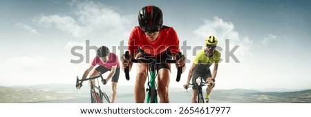 Composite image. Cyclists in competition push forward on road, central athlete in red dominates, team synergy and rivalry captured in motion. Concept of cycling, team race, championship, finish