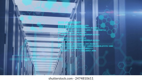 Composite image of data processing against computer server room. computer interface and data storage technology concept