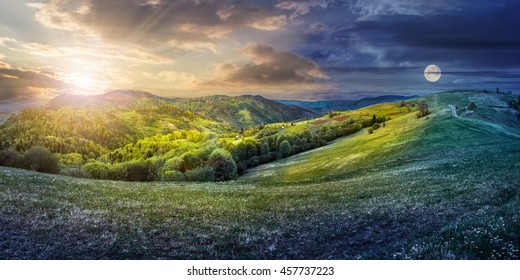 Composite Image Of Day And Night Concept Of Idyllic View Of Pretty Farmland Rolling Hills. Rural Landscape Near The Forest In Mountains.