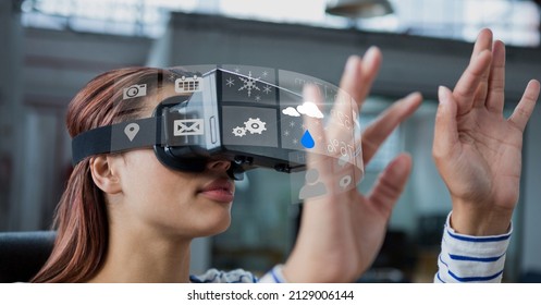 Composite image of digital interface with data processing against caucasian woman wearing vr headset. business and futuristic technology concept - Powered by Shutterstock - Get 15% off with code: PIKWIZARD15
