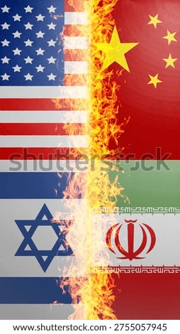 A composite image featuring the flags of the USA, China, Israel, and Iran separated by a vertical wall of flames, symbolizing global tension and international geopolitical conflict