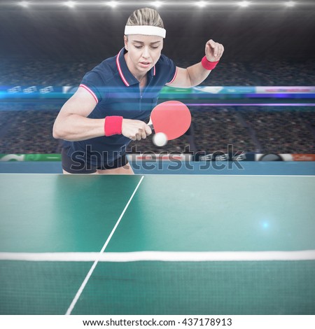 Composite image of female athlete playing ping pong in a stadium