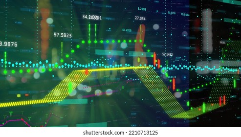 Composite image of financial data processing against night city traffic. Global finance and technology concept