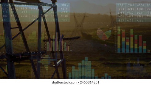 Composite image of financial data processing against construction site. global finance and business technology concept