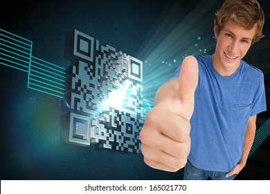 Composite image of fisheye view of a male student the thumb-up