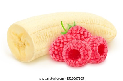 Composite Image With Halved Banana And Raspberry Isolated On A White Background.