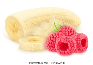 Composite Image With Halved Banana And Raspberry Isolated On A White Background.