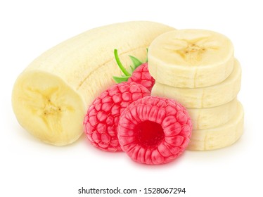 Composite Image With Halved Banana And Raspberry Isolated On A White Background.