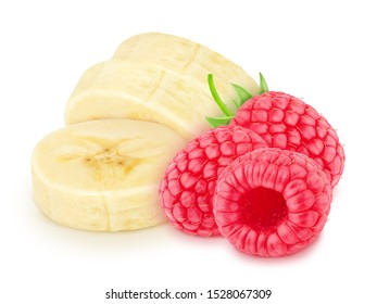 Composite Image With Halved Banana And Raspberry Isolated On A White Background.