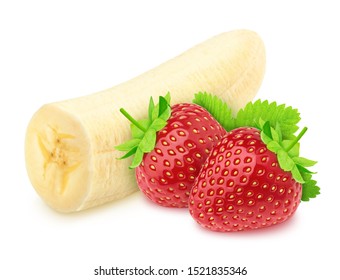 Composite Image With Halved Banana And Strawberry Isolated On A White Background.