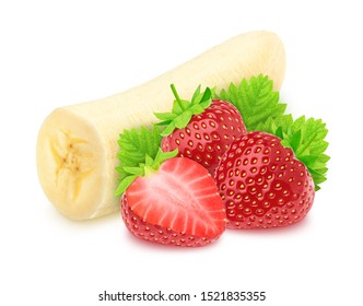 Composite Image With Halved Banana And Strawberry Isolated On A White Background.