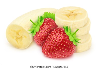 Composite Image With Halved Banana And Strawberry Isolated On A White Background.