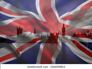 Composite Image Of Houses Of Parliament, Westminster, Big Ben And Un Ion Jack Flag For UK General Election 2019
