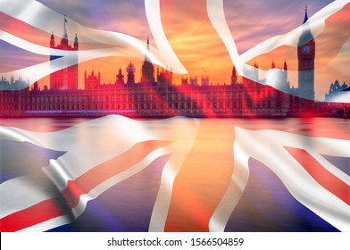 Composite Image Of Houses Of Parliament, Westminster, Big Ben And Un Ion Jack Flag For UK General Election 2019