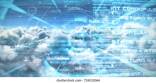Composite image of interface connecting lines over clouds  against abstract blue text