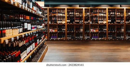 Composite image of liquor store. Wine and champaign bottles on shelves in liquor store.